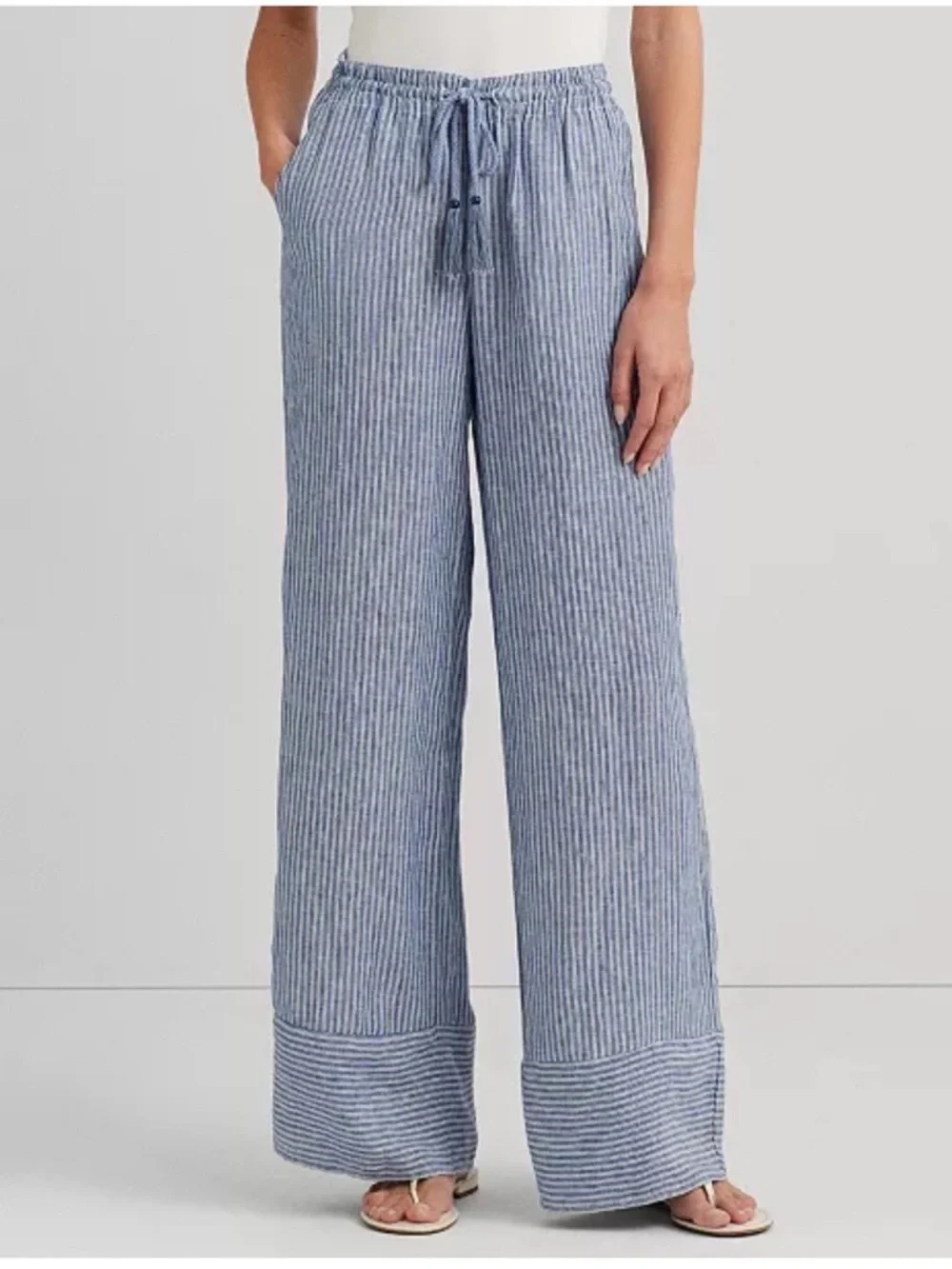Ralph Lauren Striped Wide-Leg Drawstring Pants in Light Blue - Picture 1 of 7